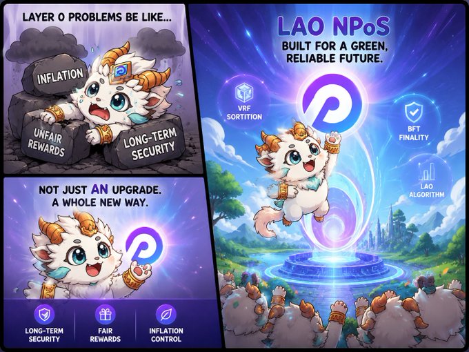 A three-panel promotional graphic for 'LAO NPoS' featuring a cute dragon mascot, highlighting features like 'VRF SORTITION', 'BFT FINALITY', 'LAO ALGORITHM', 'LONG-TERM SECURITY', 'FAIR REWARDS', and 'INFLATION CONTROL' with the tagline 'BUILT FOR A GREEN, RELIABLE FUTURE'.