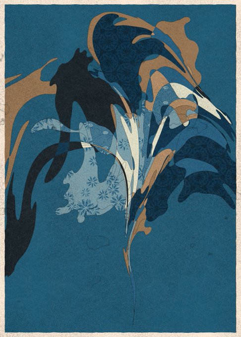 An abstract artwork in teal blue, black, tan, and white tones featuring flowing organic shapes and floral patterned silhouettes resembling a stylized plant or figure.