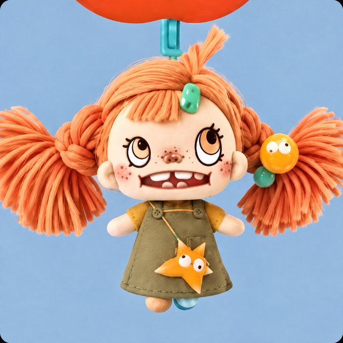 A close-up shows a quirky plastic toy doll with orange yarn hair in pigtails, freckles, a wide toothy grin, and a star-shaped pendant, suspended against a blue background.