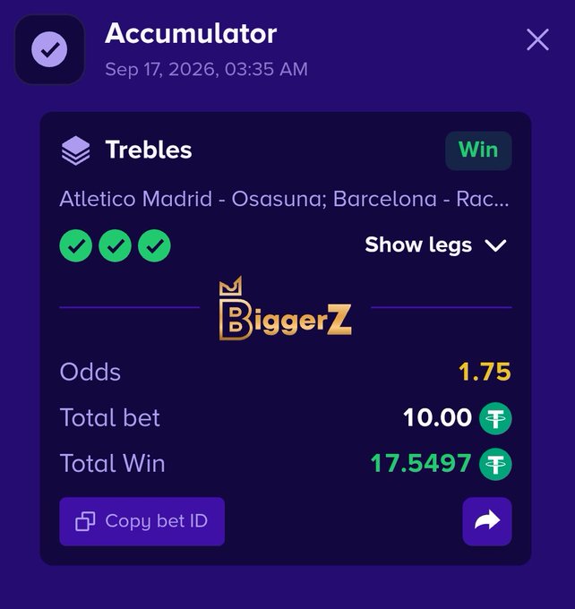 A screenshot of a betting app called 'BiggerZ' showing a winning 'Trebles' accumulator on Atletico Madrid vs Osasuna and Barcelona matches, with odds of 1.75, a total bet of 10.00, and a total win of 17.5497.