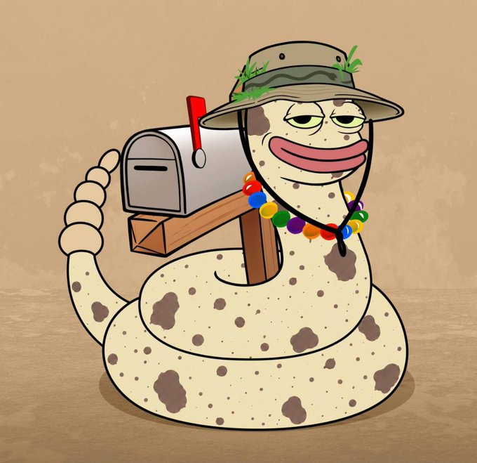 A cartoon illustration of a spotted snake wearing a bucket hat and colorful bead necklace, coiled around a gray mailbox on a wooden post.