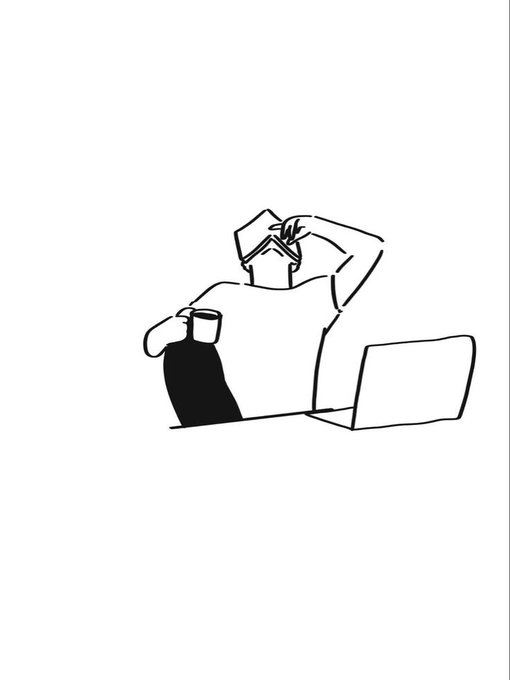 Minimalist line drawing of a person sitting at a desk, leaning on their hand next to a mug and laptop.