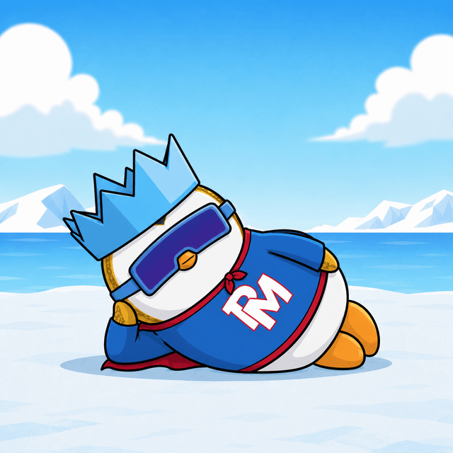The image features a cartoon penguin wearing a blue shirt with "RM" written across its chest, sitting on a snowy surface. The penguin has sunglasses on and appears to be enjoying the sun. There are also some clouds visible in the background, adding to the wintery atmosphere of the scene.