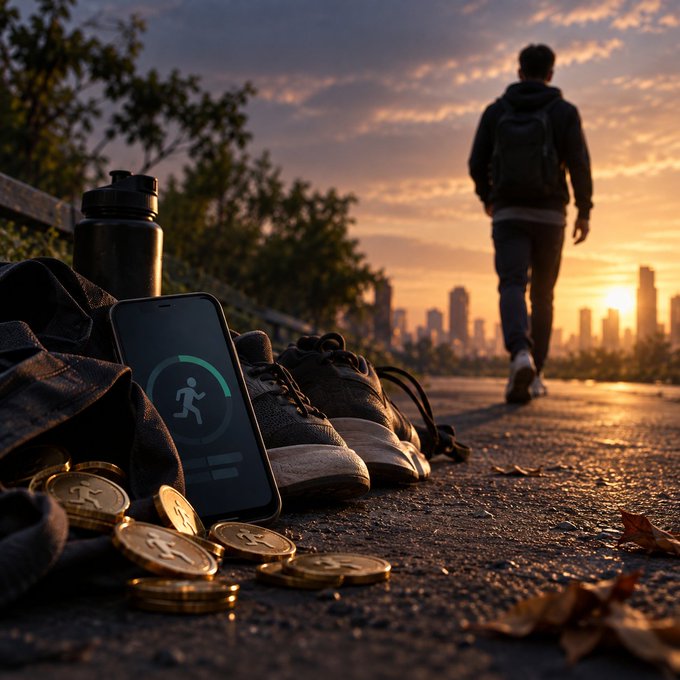 A fitness-themed image showing running shoes, a water bottle, a phone with a running app, and gold coins on the ground, with a person walking toward a city skyline at sunset.