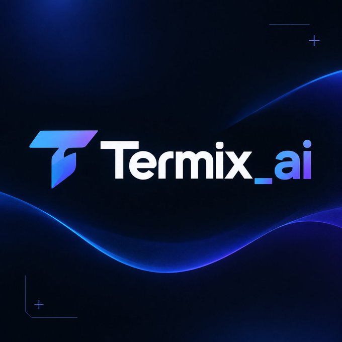 A digital logo for 'Termix.ai' featuring a stylized 'T' icon in blue and purple gradients against a dark, wavy background.