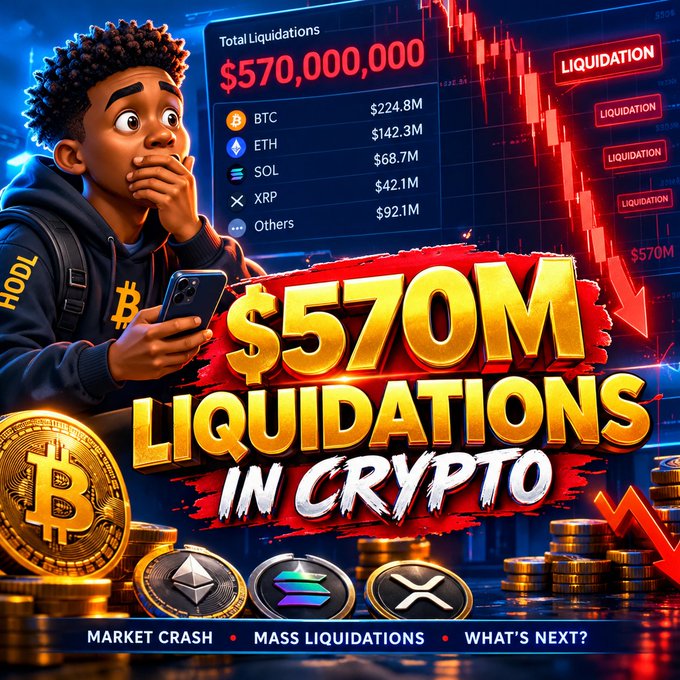 A dramatic YouTube thumbnail-style graphic showing a shocked cartoon character looking at his phone beside a total liquidation figure of $570,000,000, with breakdowns for BTC ($224.8M), ETH ($142.3M), SOL ($68.7M), XRP ($42.1M), and Others ($92.1M), headlined '$570M LIQUIDATIONS IN CRYPTO' with 'MARKET CRASH • MASS LIQUIDATIONS • WHAT'S NEXT?'
