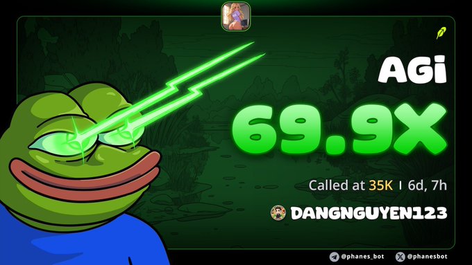 Green-themed graphic featuring a Pepe the Frog character with glowing green laser eyes, displaying 'AGi 69.9X' and 'Called at 35K | 6d, 7h' by DANGNGUYEN123, with phanes.bot branding.