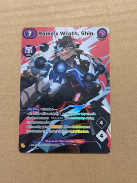 A trading card titled 'Raikou's Wrath, Shin' featuring a robotic character with a pink and blue background.