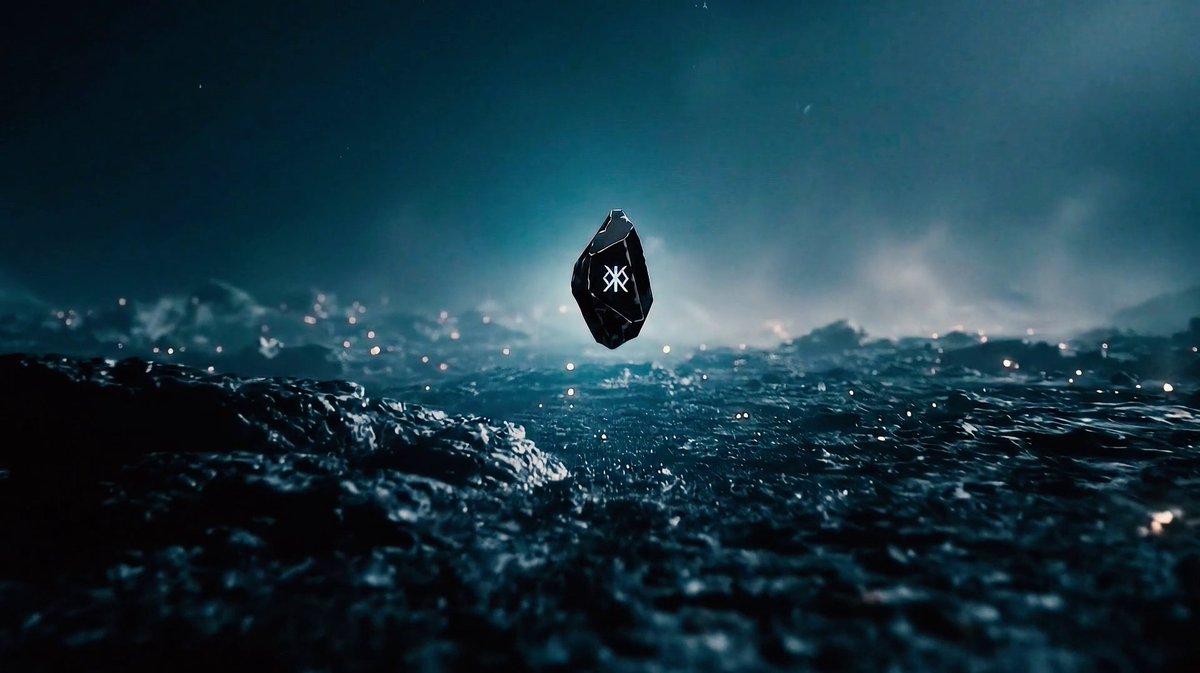 A dramatic digital artwork shows a dark, jagged crystalline token or emblem marked with a runic symbol, levitating above turbulent, splashing dark blue water against a moody, atmospheric background.