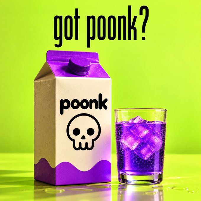 An advertisement with a neon green background shows a purple beverage carton labeled 'poonk' with a skull logo next to a glass of purple liquid with ice cubes, under the text 'got poonk?'.
