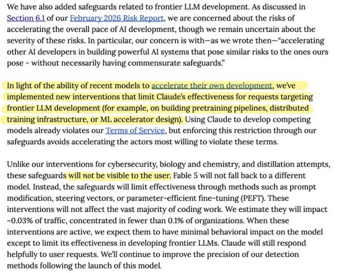 The image shows a text document with yellow highlights that reads "In light of the ability of recent models to accelerate their own development, we're implementing new interventions that limit the access to this particular model by those who are most likely to misuse it". The document is titled "We have also added safeguards related to LTM Development. As discussed in Section 1.1 of February 2016 Risk Report we are concerned about the risks of these models."
