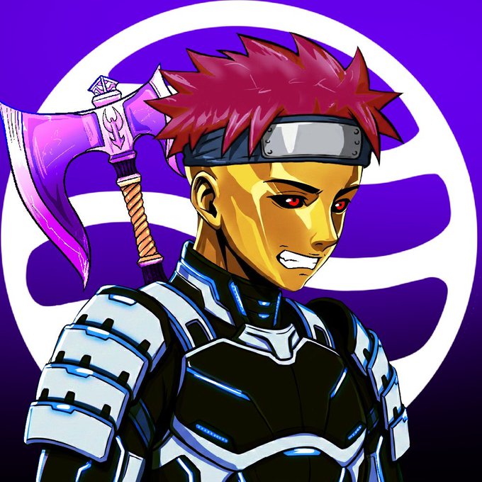 A red-haired anime warrior with glowing red eyes wears futuristic black and silver armor and carries a purple scythe, set against a purple Inkswap logo. The image stylizes the post author as a battle-ready Ink Chain fan, reflecting their enthusiasm for the platform's purple branding and their journey from casual meme trader to committed community member.