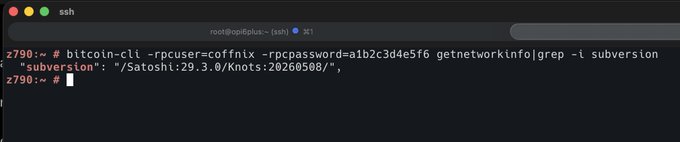 A terminal window showing an SSH session where a user runs `bitcoin-cli getnetworkinfo`, revealing the subversion string `"subversion": "/Satoshi:29.3.0/Knots:20260508/"`, confirming they operate a Bitcoin Knots node rather than standard Bitcoin Core.