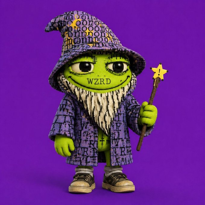 A green-skinned figurine of a wizard ('WZRD') wearing a purple robe and hat covered in runic lettering, holding a star-tipped wand against a purple background.