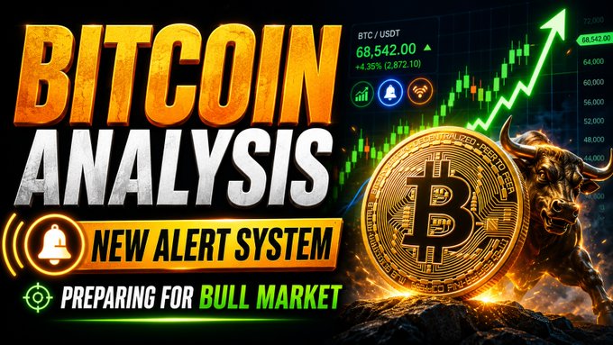 The image is a promotional thumbnail for a Bitcoin analysis livestream, featuring bold text announcing a "NEW ALERT SYSTEM" and "PREPARING FOR BULL MARKET," alongside a BTC/USDT chart showing a price of 68,542.00 with a green upward arrow and a Bitcoin coin resting against a charging bull figure. The graphic visually aligns with the post's announcement by highlighting bullish market themes, price action, and alert system upgrades to attract viewers to the stream.