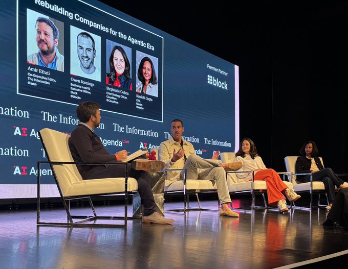 Panelists sit on a stage at an 'AI Agenda' event by 'The Information' for a discussion titled 'Rebuilding Companies for the Agentic Era', featuring Amie Erral, Owen Jennings, Stephanie Cohen, and Sowmya Gupta.
