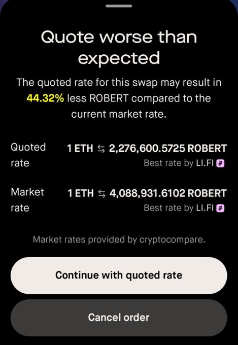 A Robinhood app warning screen displays a "Quote worse than expected" notice, highlighting that the quoted swap rate of 1 ETH for 2,276,600.5725 ROBERT is 44.32% less than the market rate of 4,088,931.6102 ROBERT. The image directly supports the post's complaint about Robinhood charging excessive fees on the ROBERT token.