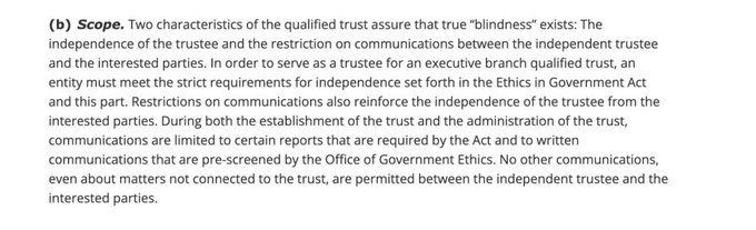 The image shows a regulatory excerpt titled "(b) Scope" detailing requirements for a "qualified trust," emphasizing trustee independence and communication restrictions to ensure "blindness" from interested parties, governed under the Government Act. The post's caption about a "new name" doesn't appear to directly relate to the regulatory content shown.