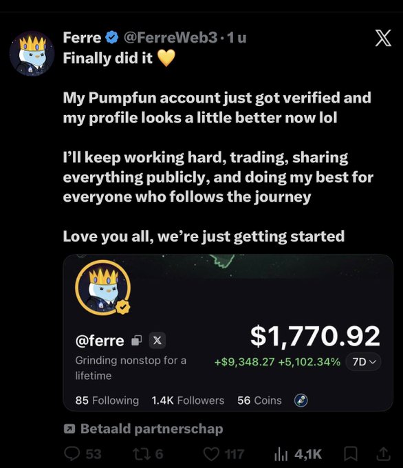 A tweet from "Ferre @FerreWeb3" celebrates getting verified on Pumpfun, showing a profile with a 7-day gain of "+$9,348.27 +5,102.34%" and a portfolio value of "$1,770.92".