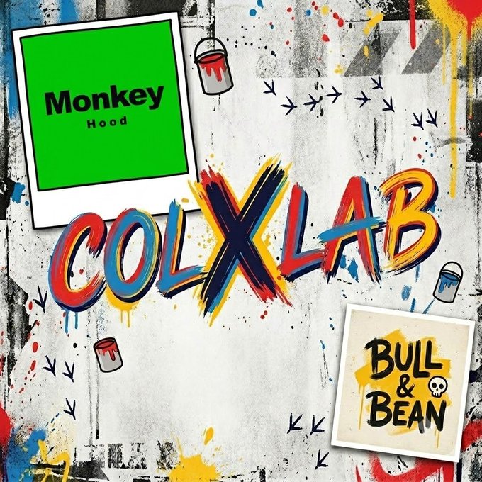This image announces a collaboration between Monkey Hood and Bull & Bean, with the text "COLX LAB" prominently displayed, hinting at a joint project or giveaway. The accompanying post confirms this, stating 10 GTDs are up for grabs.