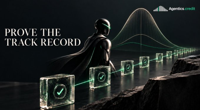 A promotional banner for "Agentics.credit" featuring the text "PROVE THE TRACK RECORD", with a futuristic figure standing beside a rising trend line graph marked with checkmarks.