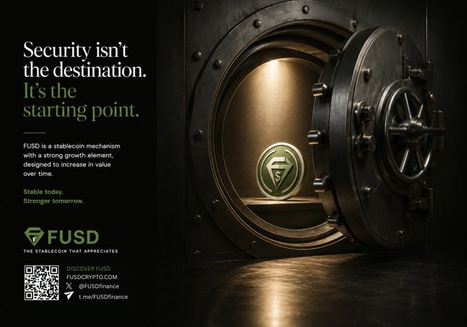 An advertisement for FUSD stablecoin shows a large metal vault door opening to reveal a green coin with an 'S' logo, alongside the text 'Security isn't the destination. It's the starting point.'