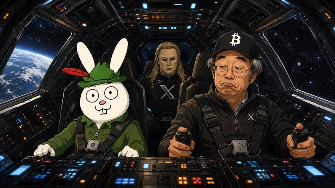 A sci-fi cockpit scene featuring three characters: a green rabbit mascot with a red feather, a blonde-haired figure wearing an X logo, and an older man with a Bitcoin cap, all seated at spaceship controls with Earth visible through the windows.