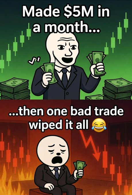 A two-panel meme showing a 'Wojak' character celebrating 'Made $5M in a month...' surrounded by green candlesticks, then crying in flames with the text '...then one bad trade wiped it all 😂'.