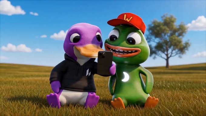 Two cartoon characters—a purple duck-like creature in a black hoodie and a green frog-like creature wearing a red McDonald's hat with a yellow 'W'—sit together in a grassy field looking at a smartphone.