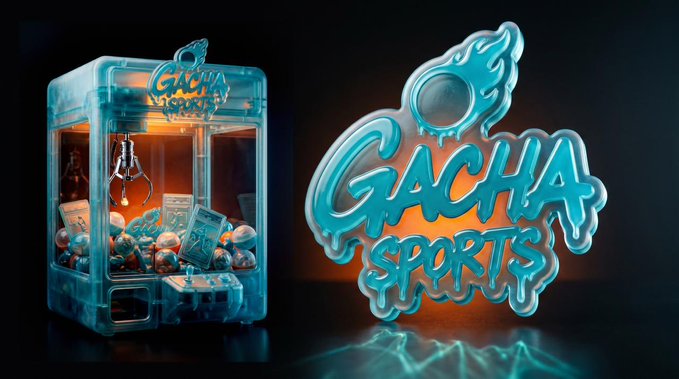 The image features two blue toy claw machines with the words "Gachasports" written on them. The claw machine on the left has a small window at the top, while the one on the right has a larger window. Both machines are filled with sports balls and appear to be in good condition. The image also includes text that reads: "Gachasports.com is live - the first sports-led gacha platform, built exclusively on @Solana".