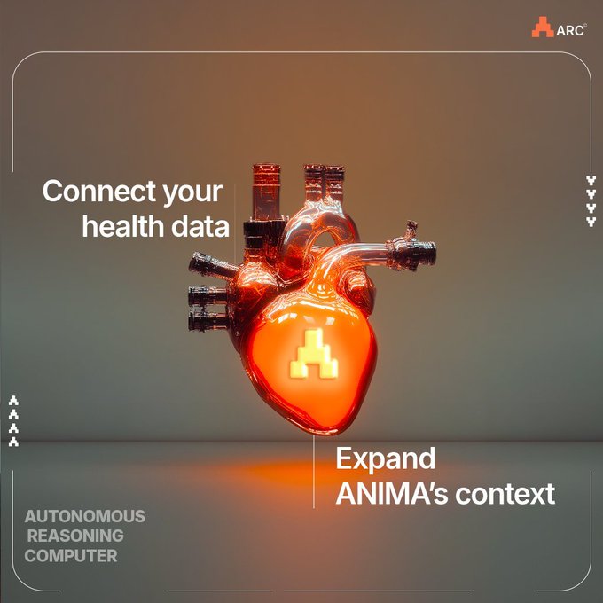 An ARC (Autonomous Reasoning Computer) advertisement featuring a glowing glass heart with tubes, reading 'Connect your health data' and 'Expand ANIMA's context.'