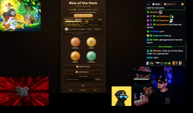 A multi-window livestream or recording interface shows a game stream titled 'Rise of the Pack' alongside a chat window and smaller video feeds.