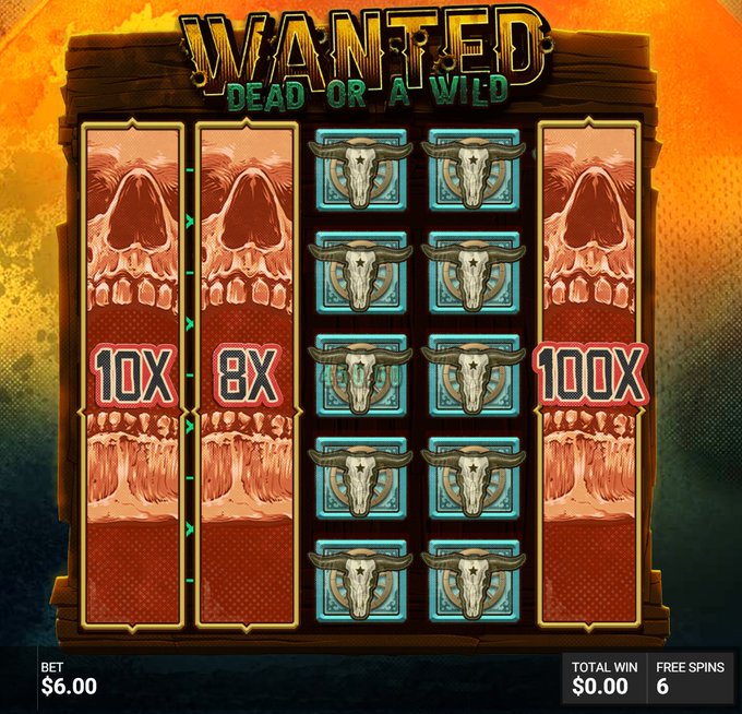A screenshot of a "Wanted Dead or a Wild" slot game displays a large $6.00 bet with 6 free spins remaining and a $0.00 total win, showing multipliers of 8x, 10x, and 100x on the reels alongside animal skull symbols, indicating the player is documenting a gambling session while sharing a giveaway promotion for their followers.