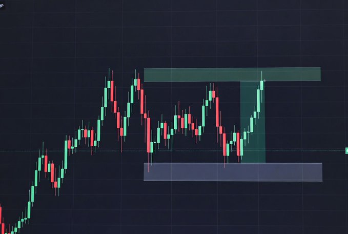 A candlestick chart showing XRP's price action with two highlighted zones—a green resistance area at the top and a blue support zone at the bottom—where the price is currently testing near the $1.15 support level mentioned in the post, while a large green candle suggests an attempted breakout toward the upper resistance band.