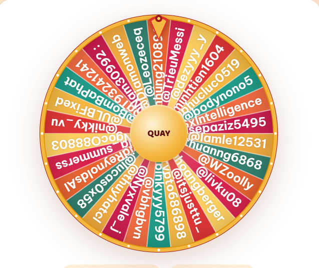 A colorful spinning wheel features the word 'QUAY' in the center, surrounded by segments containing usernames and numbers.