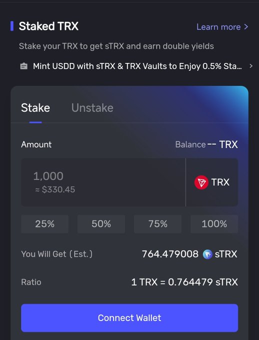 A digital interface titled "Staked TRX" with options to "Stake" or "Unstake," showing an amount of 1.000 TRX (~$330.45) and an estimated yield of 764.479008 sTRX at a ratio of 1 TRX = 0.764479 sTRX, with a "Connect Wallet" button at the bottom.