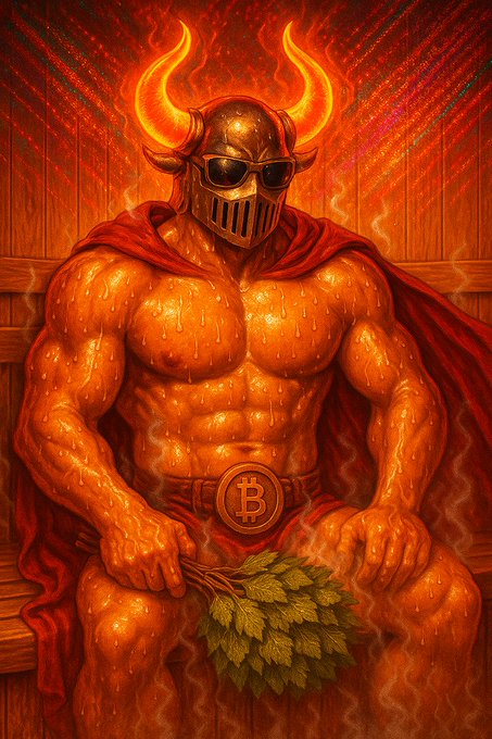 A muscular horned warrior wearing a metallic helmet and red cape, sitting with a Bitcoin logo on his belt buckle and holding a bundle of leaves.