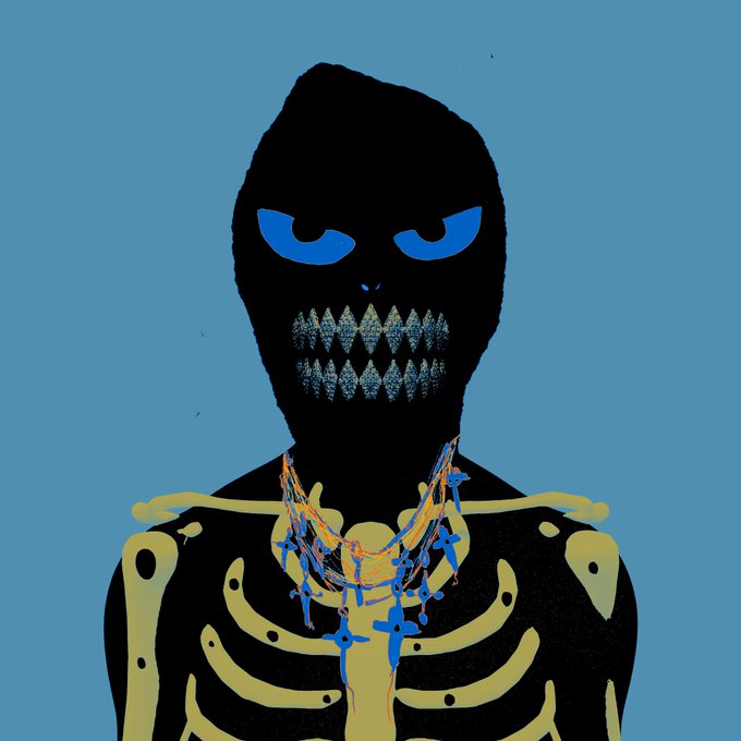 A digital illustration of a menacing black silhouette with glowing blue eyes and sharp teeth, displaying a yellow skeletal ribcage and wearing a tangled orange and blue beaded necklace against a blue background.