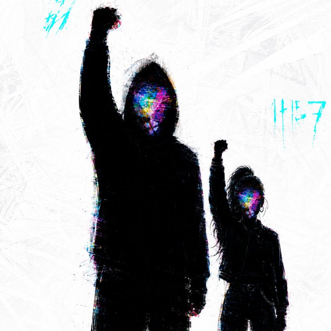 Two hooded figures with raised fists and paint-splattered, colorful masks stand against a stark white background, with the number "1/17" spray-painted in blue on the right side, depicting an iconic CryptoPunk NFT. The artwork illustrates the author's introduction of established art collectors to the foundational pieces of the NFT industry, bridging traditional art appreciation with the digital collectibles space.