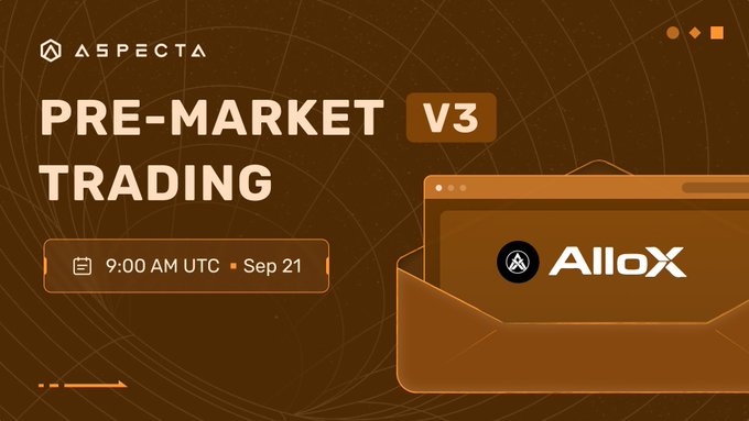 A promotional graphic with brown and orange tones announcing 'ASPECTA PRE-MARKET TRADING V3' scheduled for 9:00 AM UTC on Sep 21, featuring the AlloX logo on a stylized computer window.