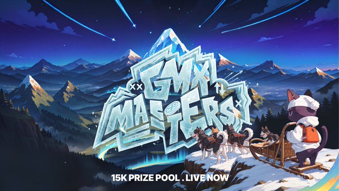 A promotional graphic for the "GMX Masters" tournament featuring a snowy mountain backdrop with a cat in winter gear riding a dog sled, advertising a "15K PRIZE POOL . LIVE NOW" to complement the post about live perpetual strategies and the Elfa Auto trading agent.