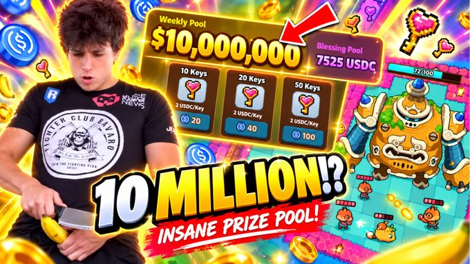 A YouTube thumbnail showing a man reacting to a mobile game, with text reading "Weekly Pool $10,000,000", "Blessing Pool 7525 USDC", and "10 MILLION!? INSANE PRIZE POOL!" alongside images of in-game keys and a tower.
