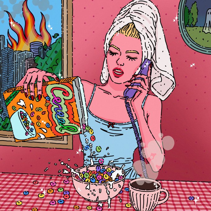 A pop-art style illustration of a blonde woman with a towel wrapped around her head talking on a purple phone while pouring a colorful cereal from a box into a bowl, with a cityscape and flames visible through a window behind her.