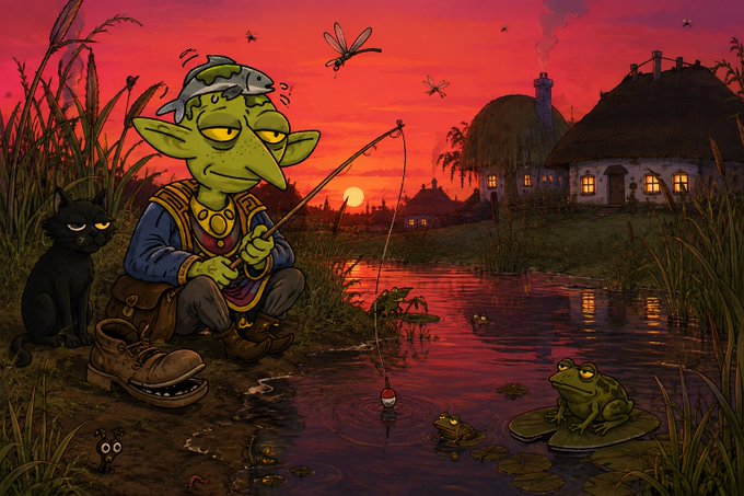 A cartoon goblin wearing a fish on its head as a hat, sitting by a pond fishing at sunset with a black cat beside it, frogs, and a thatched cottage in the background.