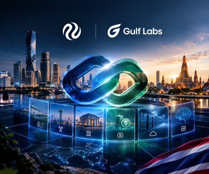 A promotional image displays a partnership between 'Gulf Labs' and another entity, featuring a glowing infinity symbol over a cityscape backdrop with various technology and infrastructure icons.