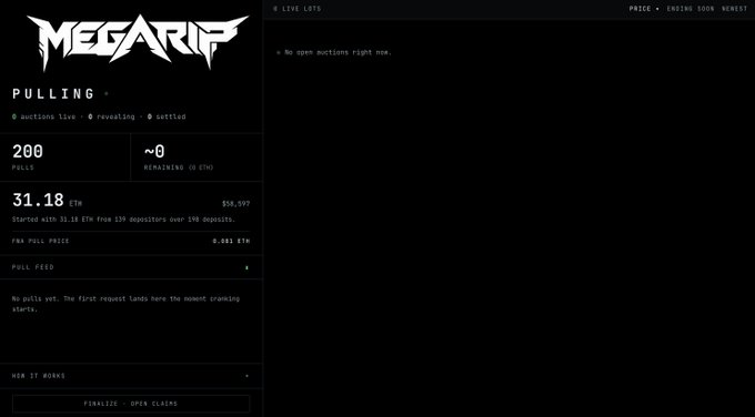 MEGARIF website interface showing 200 polls active with 0 settled and ~0 ETH remaining in the pulling pool.