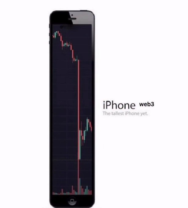 The image shows an elongated, stretched iPhone displaying a steeply declining red candlestick chart, parodying an Apple ad with the text "iPhone web3 — The tallest iPhone yet." The exaggerated height of the phone visually represents the painful crash of altcoins, humorously suggesting the device is purpose-built for enduring the long, grueling decline of holding altcoins through a bear market.