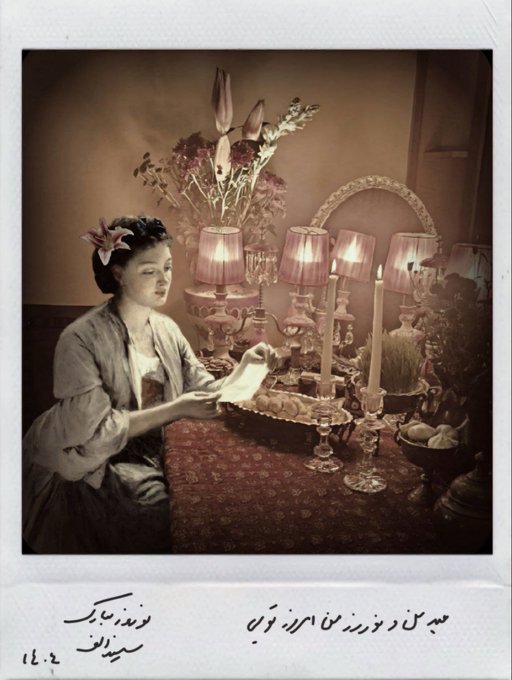 A Polaroid-style vintage photograph of a woman reading a letter at an ornate table with pink-shaded lamps and candles, featuring handwritten Persian/Farsi text and the number '1404' at the bottom.