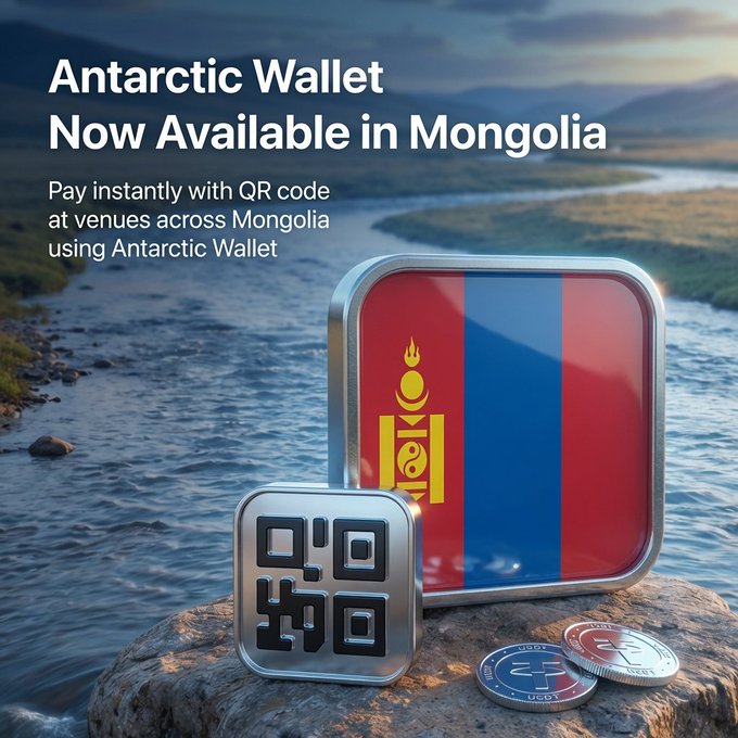 A promotional advertisement reading 'Antarctic Wallet Now Available in Mongolia,' showing a metallic app icon with the Mongolian flag, a QR code, and crypto coins displayed on a rock beside a scenic river.