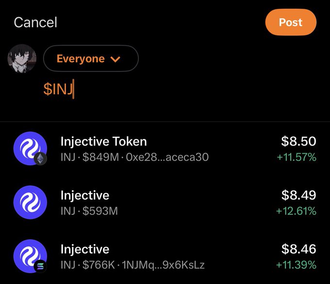 Social media post interface showing the search term '$INJ' with three Injective Token results priced around $8.46-$8.50, all displaying gains of +11.39% to +12.61% with market caps between $593M-$849M.